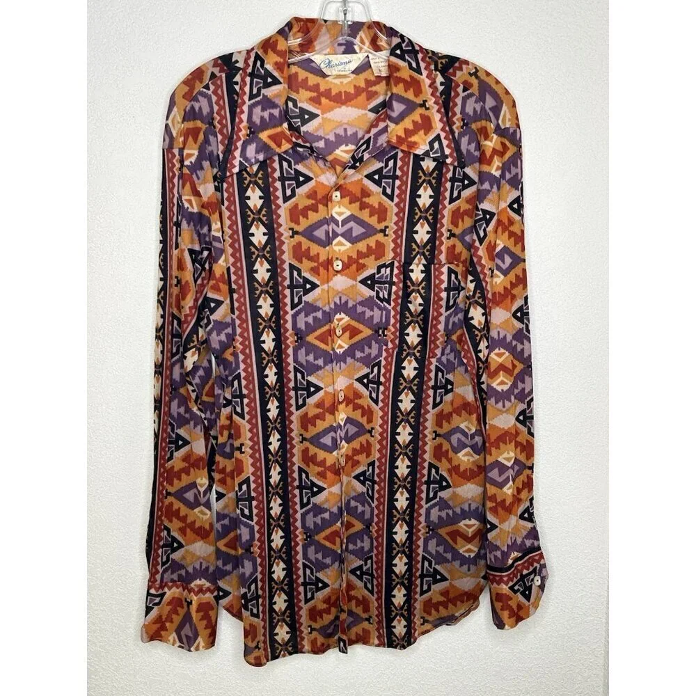 Vintage 70s Charisma Shirt Mens Large 16.5 Aztec Disco Lightweight Button Up